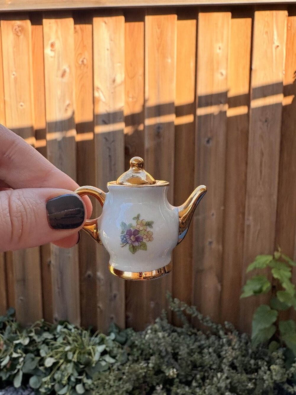 Miniature Teapot, Gold Porcelain Dollhouse Tea Pot, Vintage Limoges France